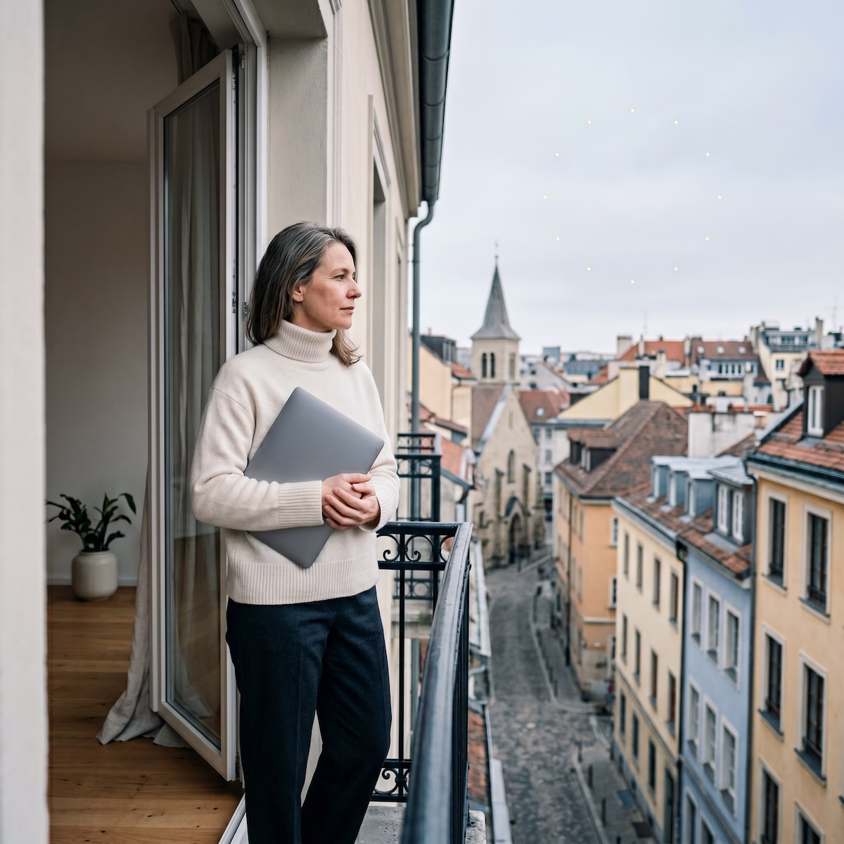 Woman on a European balcony looking over a quiet city at dusk