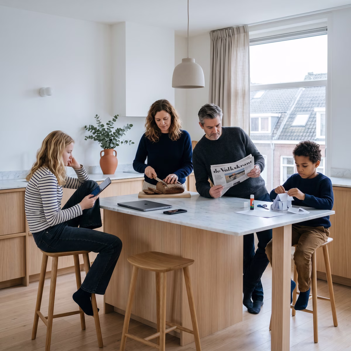 Family gathered in a sunlit kitchen sharing a calm Saturday morning